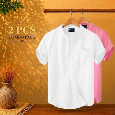 Short Sleeve Band Collar Shirt White & Pink