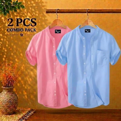 Short Sleeve Band Collar Shirt Pink & Sky Blue