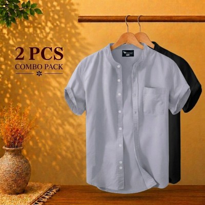 Short Sleeve Band Collar Shirt Ash & Black