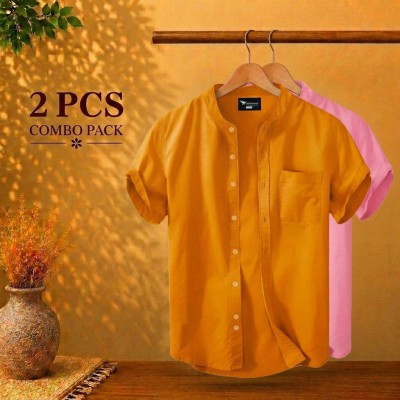 Short Sleeve Band Collar Shirt Kathali & Pink