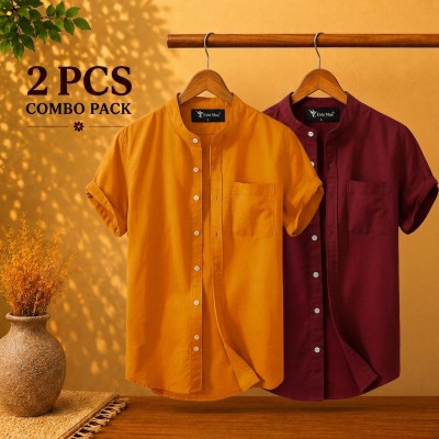 Short Sleeve Band Collar Shirt Kathali & Maroon