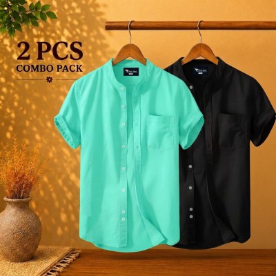 Short Sleeve Band Collar Shirt Pest & Black