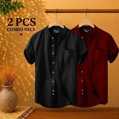 Short Sleeve Band Collar Shirt Black & Maroon