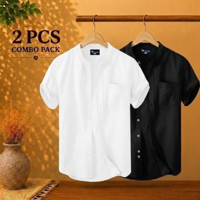 Short Sleeve Band Collar Shirt White & Black