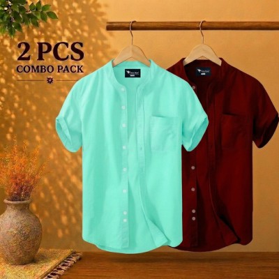 Short Sleeve Band Collar Shirt Maroon & Pest