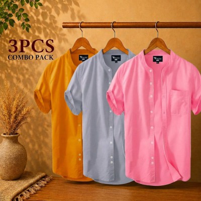Short Sleeve Band Collar Shirt Kathali Ash & Pink