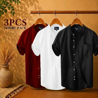 Short Sleeve Band Collar Shirt Maroon Black & White