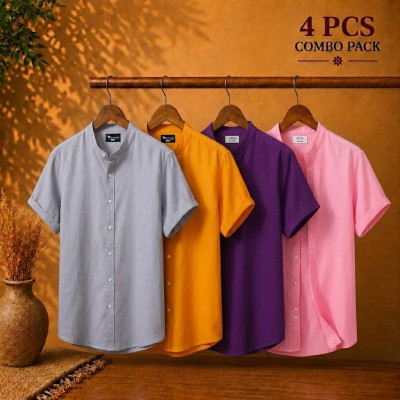 Short Sleeve Band Collar Shirt Ash Kathali Purple Pink