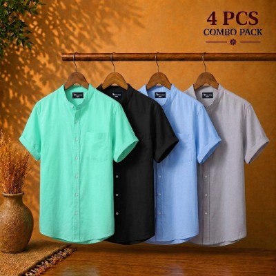 Short Sleeve Band Collar Shirt Pest  Black Sky Blue & Ash