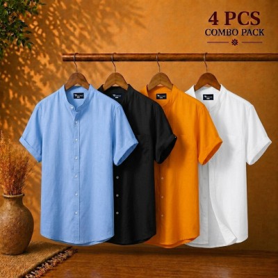 Short Sleeve Band Collar Shirt Sky Blue Black & Kathali White