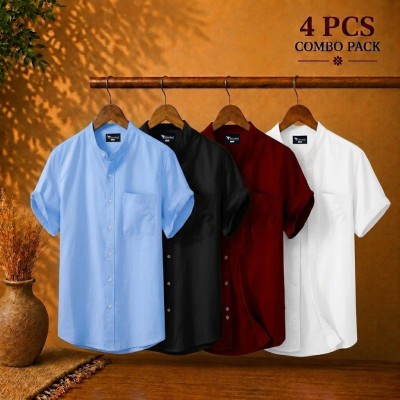 Short Sleeve Band Collar Shirt Sky Blue Black & Maroon White