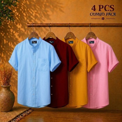 Short Sleeve Band Collar Shirt Sky Blue Maroon & Kathali Pink
