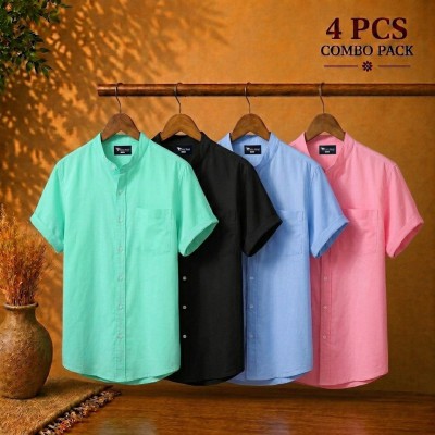 Short Sleeve Band Collar Shirt Pest Black & Sky Blue Pink