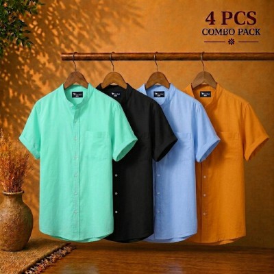 Short Sleeve Band Collar Shirt Pest Black & Sky Blue Kathali