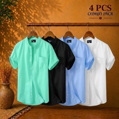 Short Sleeve Band Collar Shirt Pest Black & Sky Blue White