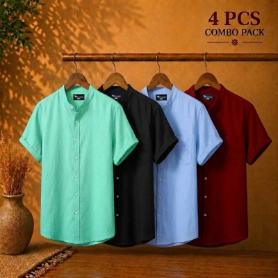 Short Sleeve Band Collar Shirt Pest Black & Sky Blue Maroon