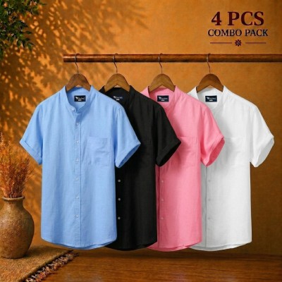 Short Sleeve Band Collar Shirt Sky Blue Black & Pink White