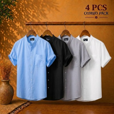Short Sleeve Band Collar Shirt Sky Blue Black & Ash White