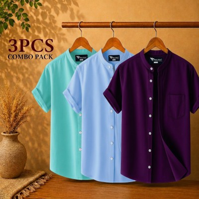 Short Sleeve Band Collar Shirt Pest Sky Blue & Purple