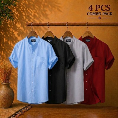 Short Sleeve Band Collar Shirt Pest Sky Blue Black Ash & Maroon