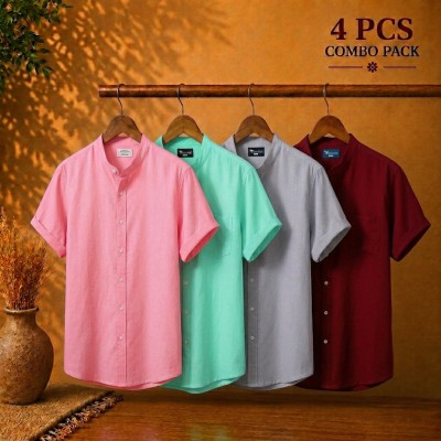 Short Sleeve Band Collar Shirt Pest Pink Pest Ash & Maroon
