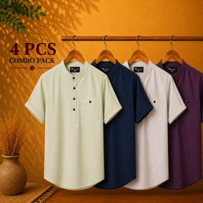 Cotton Stripe Fabric Premium Quality Katua Light Lemon, Navy Blue, Light Ash & Purple